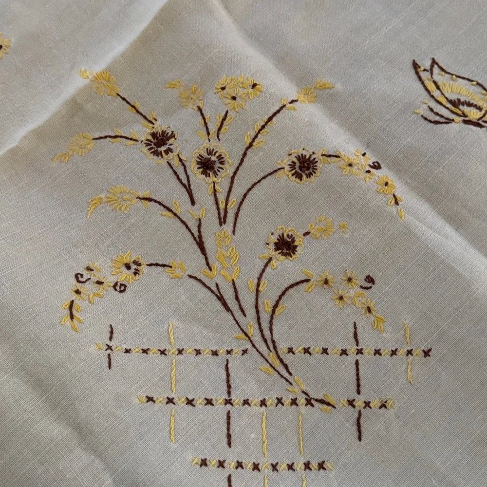 Vintage Linen Blend Tablecloth with Embroidery